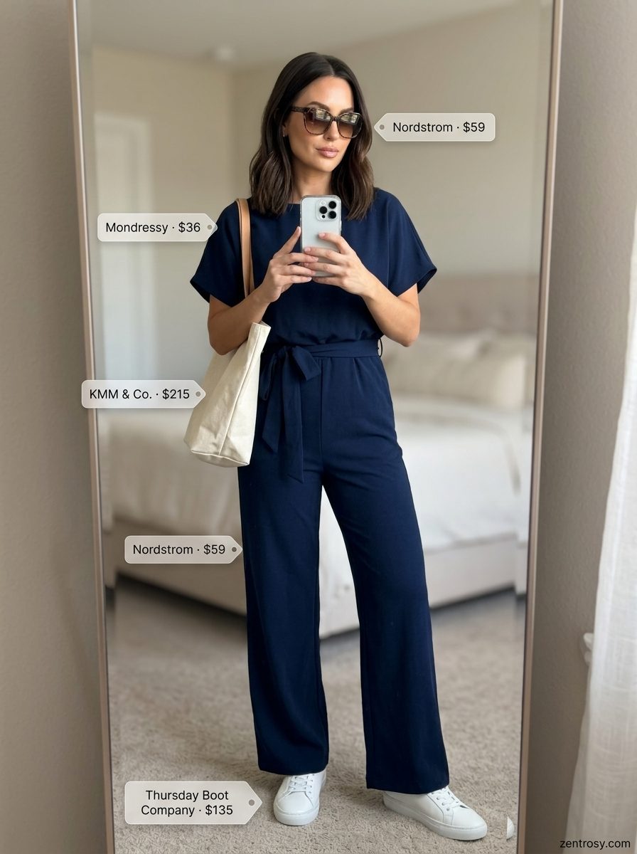 Weekend getaway summer boat neck outfits for women 2026 with navy jumpsuit and white sneakers.