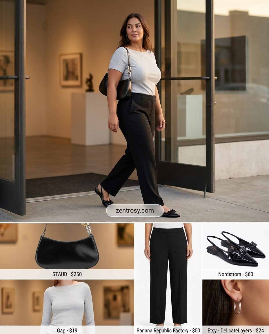 Modern minimalist summer boat neck outfits for women 2026 with grey top and black pants.