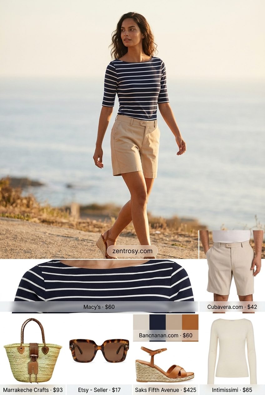 Navy and white striped boat neck top with linen shorts for summer Boat Neck outfits for women 2026.