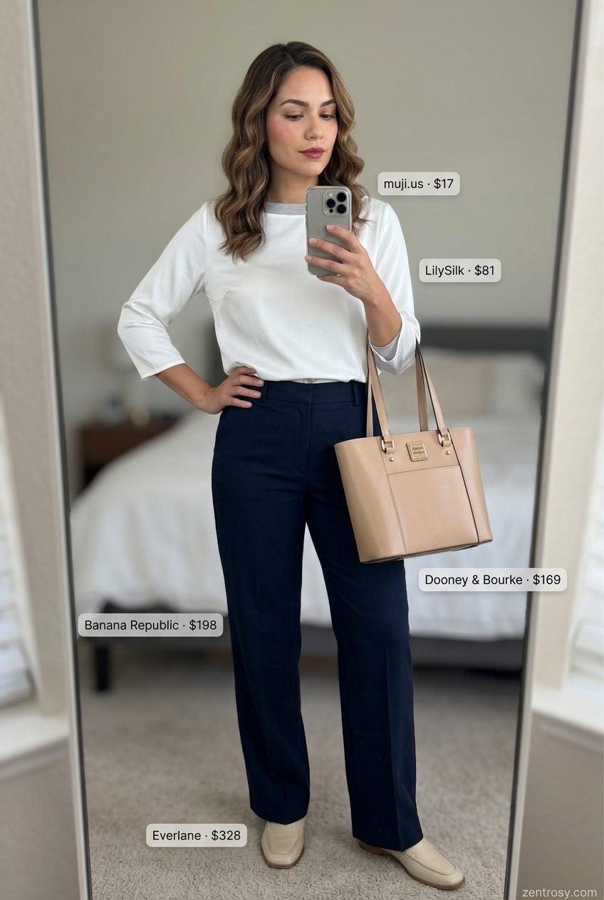 Chic office summer boat neck outfits for women 2026 with navy pants, white blouse, and beige loafers.