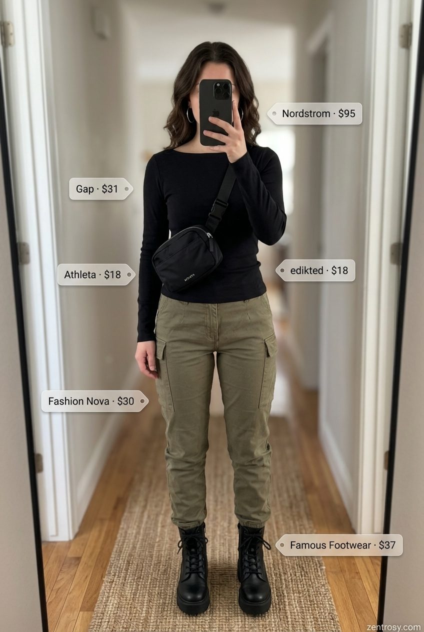 Urban explorer summer boat neck outfits for women 2026 with olive cargo pants and black top.
