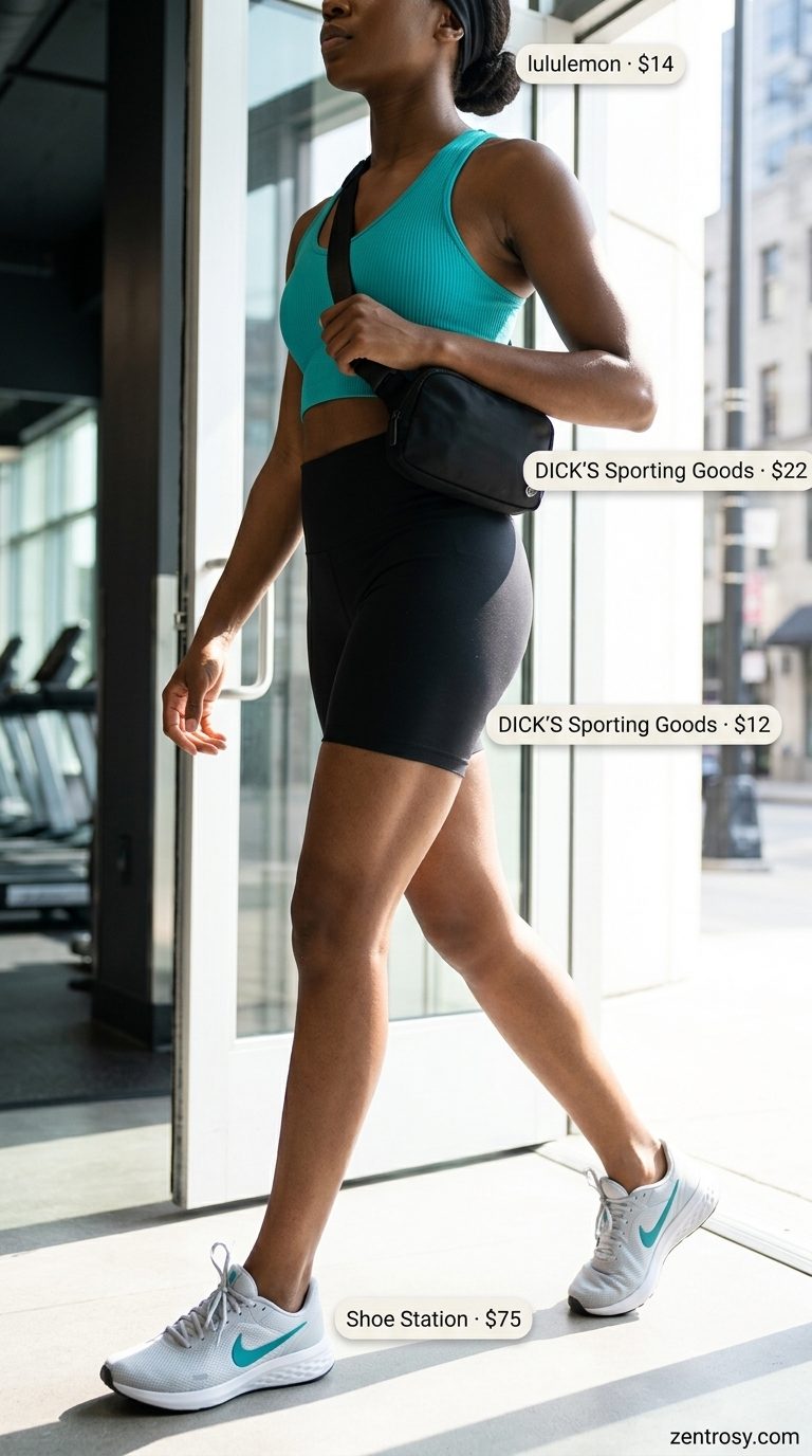 Teal cropped sports bra with black bike shorts for an active summer cropped tops outfit for women 2026.