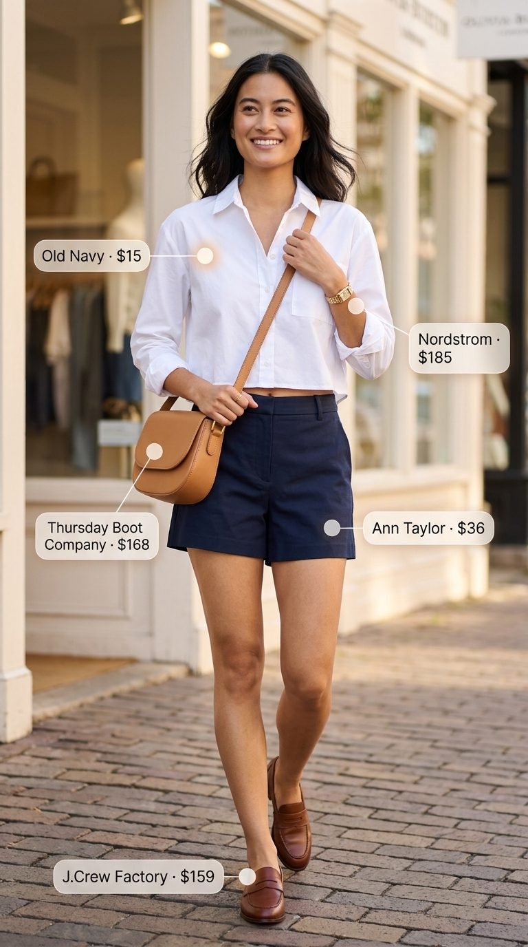 White cropped oversized shirt with navy shorts for a chic summer cropped tops outfit for women 2026.