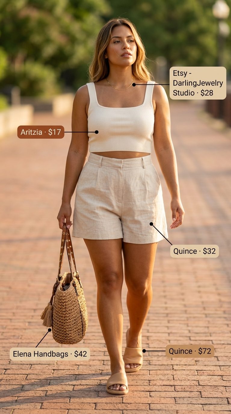 Cream cropped knit tank with beige linen shorts for a relaxed summer cropped tops outfit for women 2026.