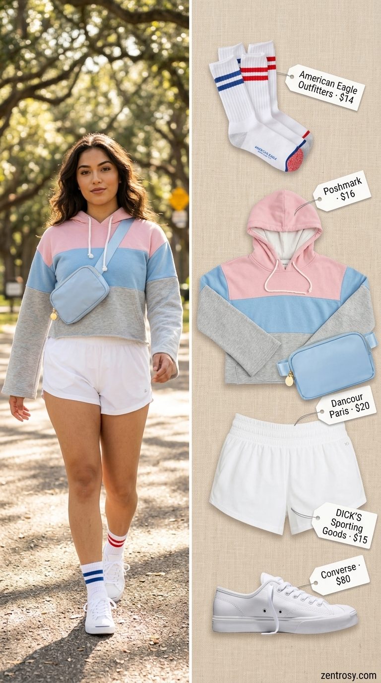 Summer cropped tops outfit for women 2026: Pastel color-block crop hoodie with athletic shorts, sneakers, and belt bag for retro vibes.