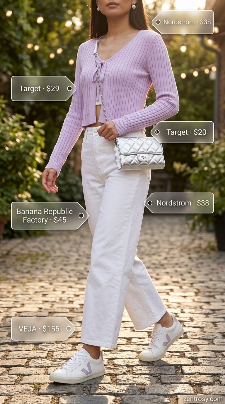 Lavender cropped cardigan set with white jeans for a chic summer cropped tops outfit for women 2026.