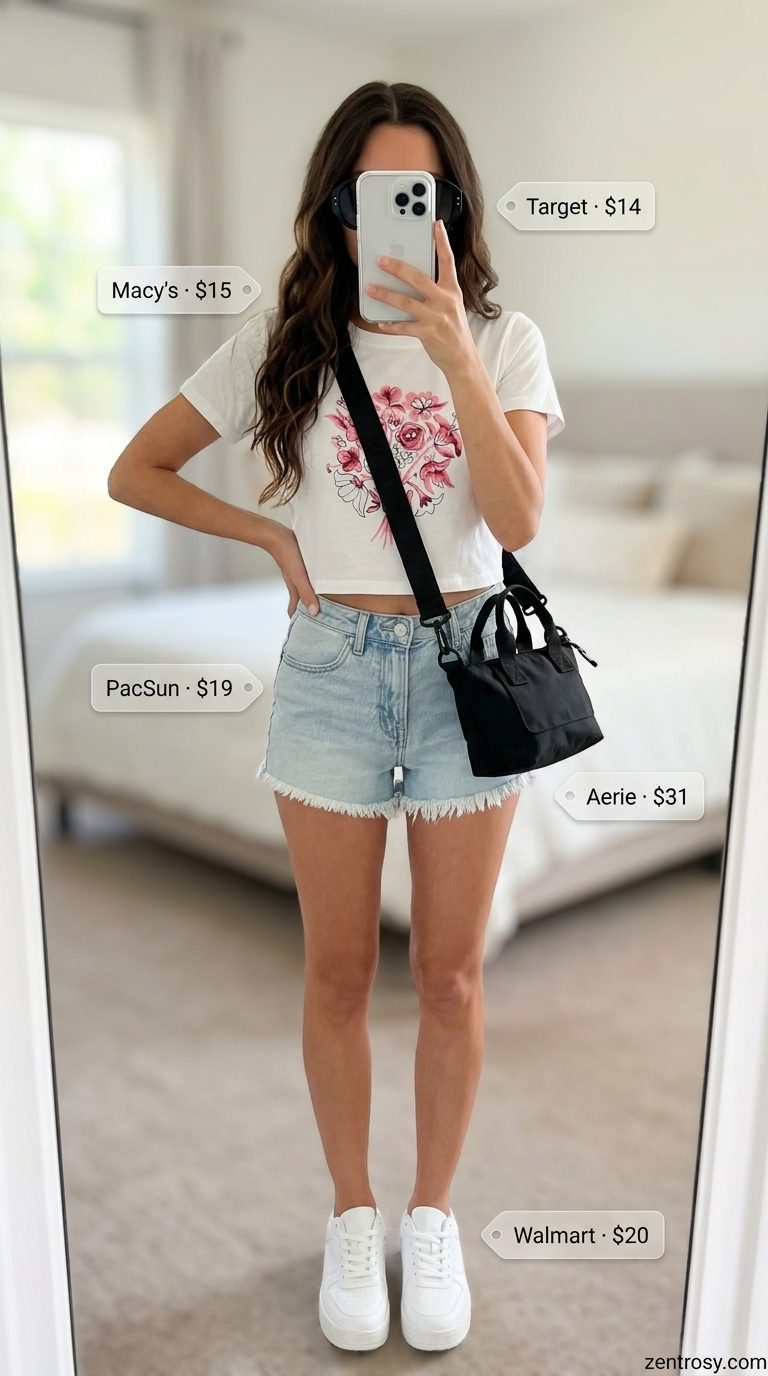 Summer cropped tops outfit for women 2026: Floral crop tee with denim shorts, chunky sneakers, and crossbody bag for a casual day out.