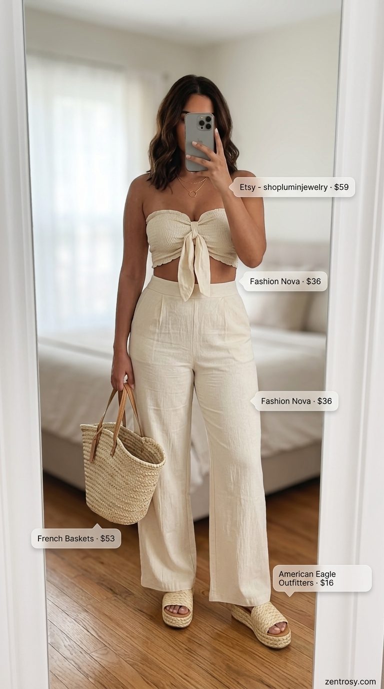 Summer cropped tops outfit for women 2026: Linen bandeau crop top and wide-leg pants set, espadrilles, and straw tote for vacation.