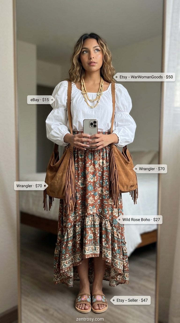 Summer cropped tops outfit for women 2026: Boho floral maxi skirt with peasant crop blouse, leather sandals, and hobo bag.