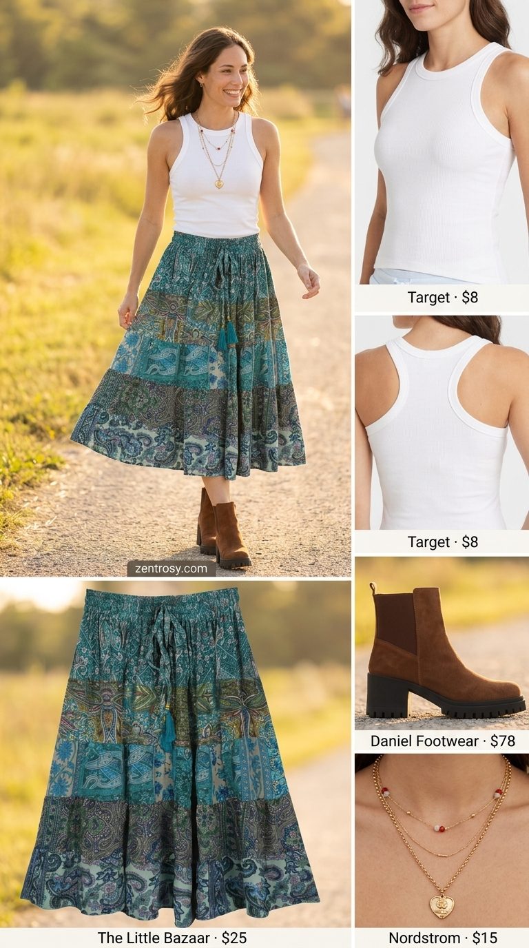 Summer cropped tops outfit for women 2026: Paisley print midi skirt with white tank, suede boots, and fringe bag for boho festival.
