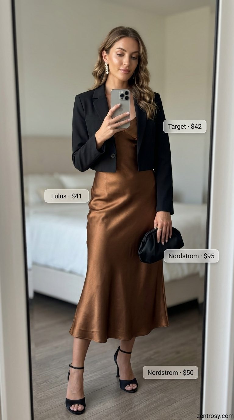 Summer cropped tops outfit for women 2026: Bronze satin slip dress with black blazer, strappy heels, and clutch for evening.