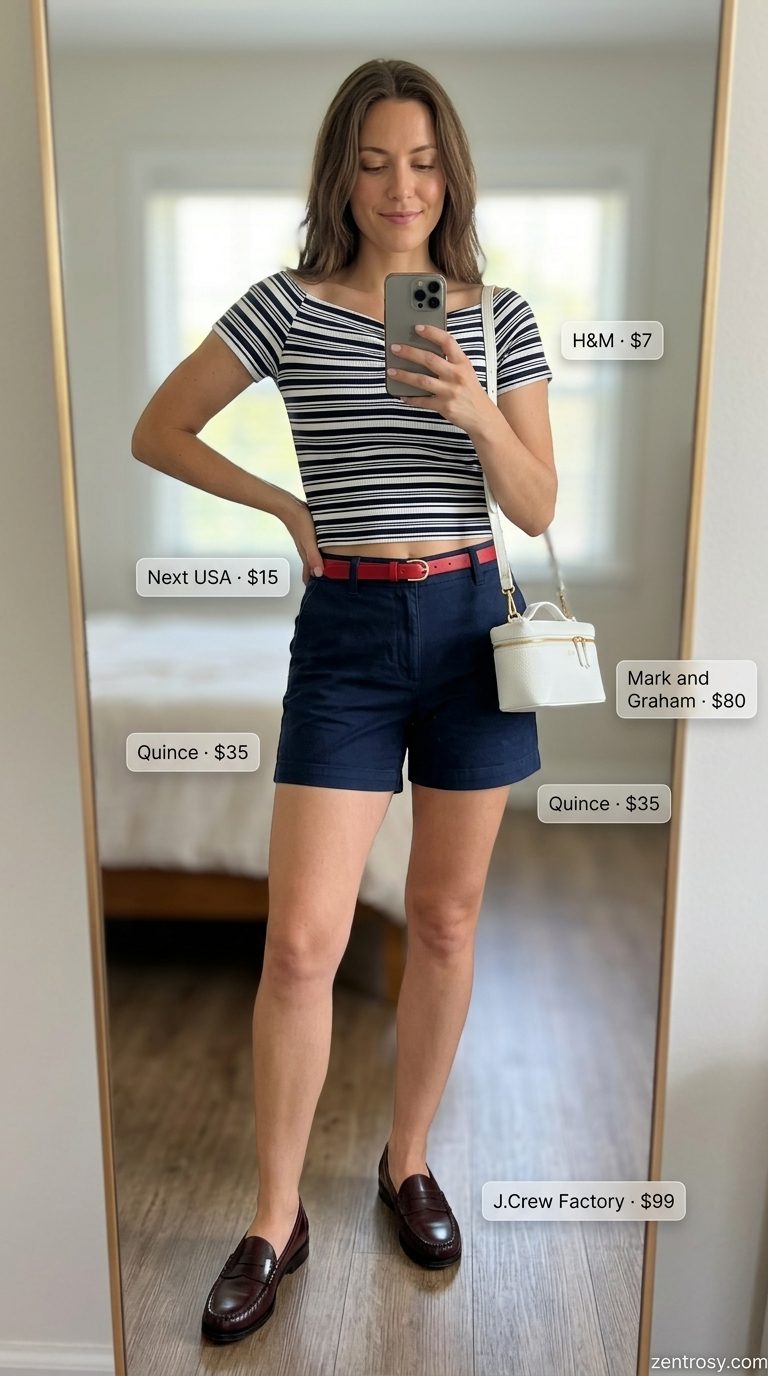 Summer cropped tops outfit for women 2026: Striped knit crop top with chino shorts, loafers, and crossbody bag for smart casual.