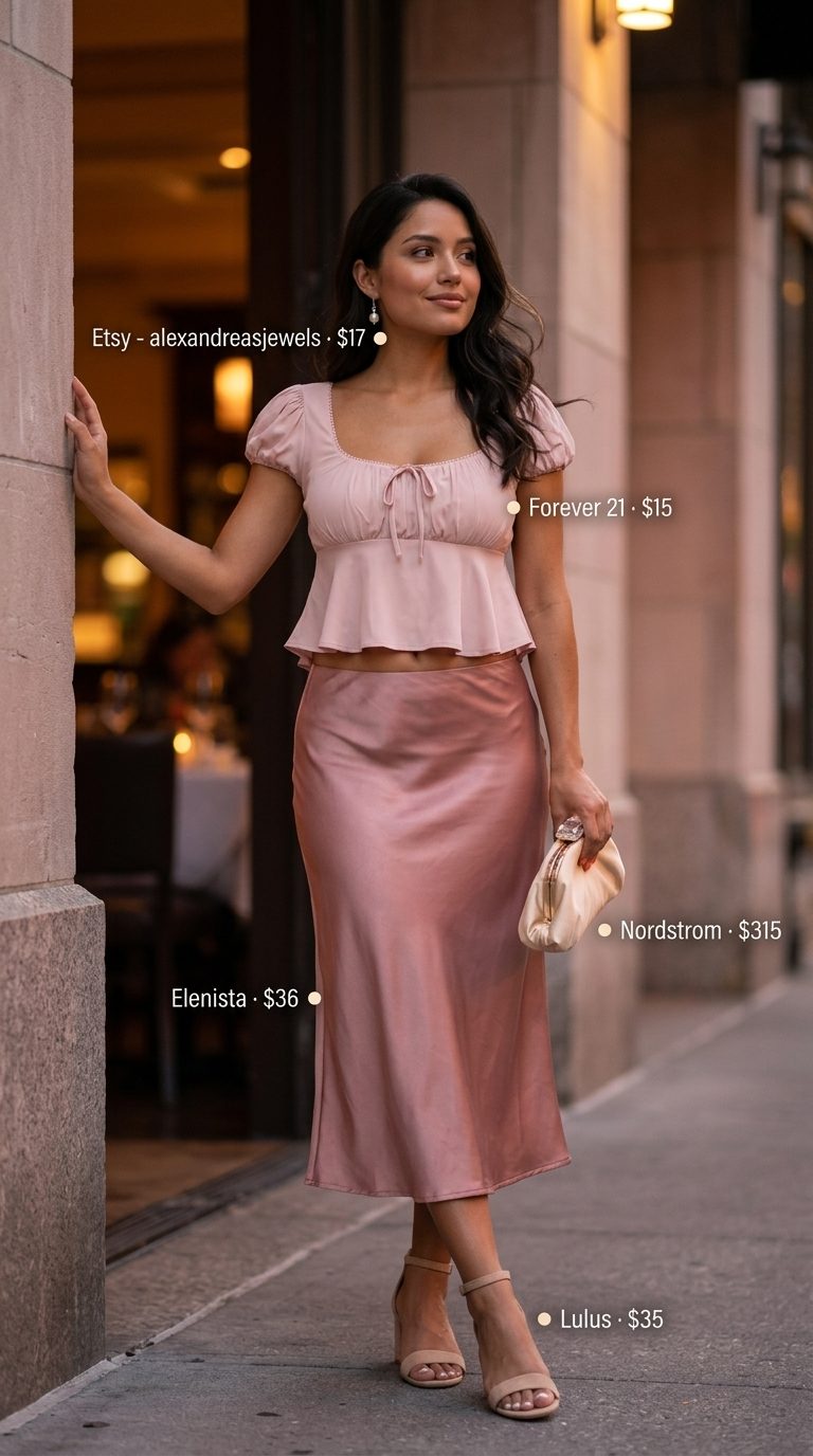 Blush pink cropped blouse with dusty rose satin skirt for a romantic summer cropped tops outfit for women 2026.