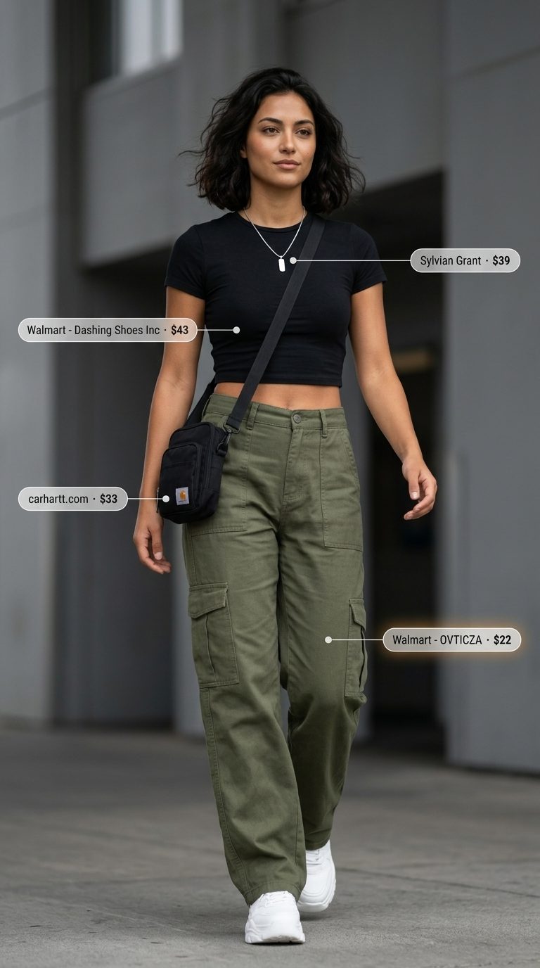 Black cropped graphic tee with olive cargo pants for an edgy summer cropped tops outfit for women 2026.