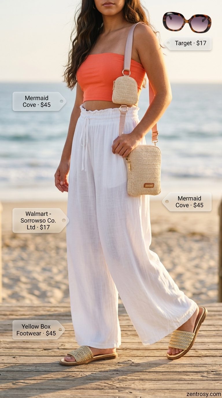 Coral orange cropped tube top with white palazzo pants for a playful summer cropped tops outfit for women 2026.