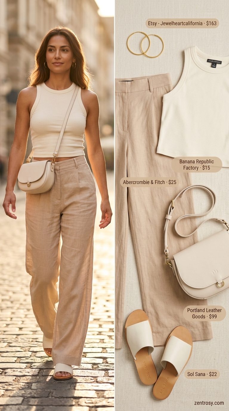 Summer cropped tops outfit for women 2026: Beige tank, ivory wide-leg trousers, leather crossbody & gold hoops for smart casual.