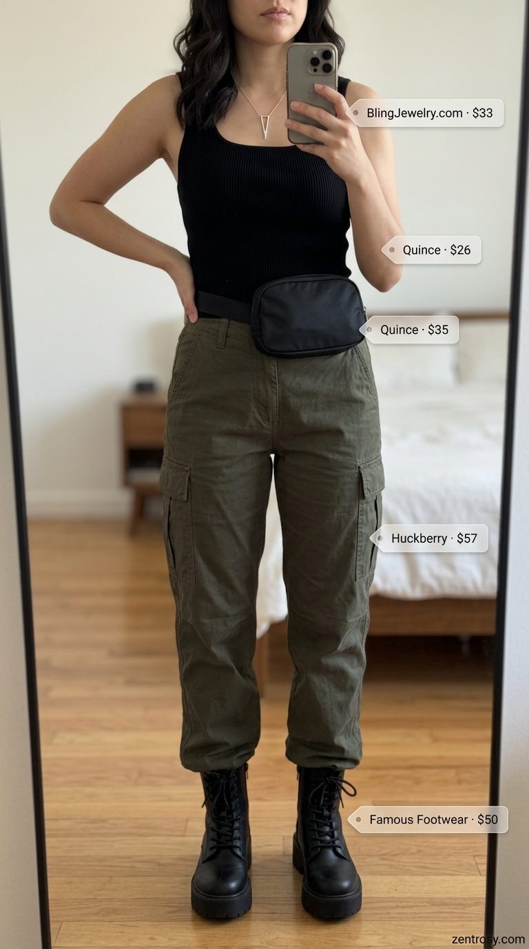Summer cropped tops outfit for women 2026: Olive cargo pants, black cropped tank, belt bag & combat boots for city exploring.