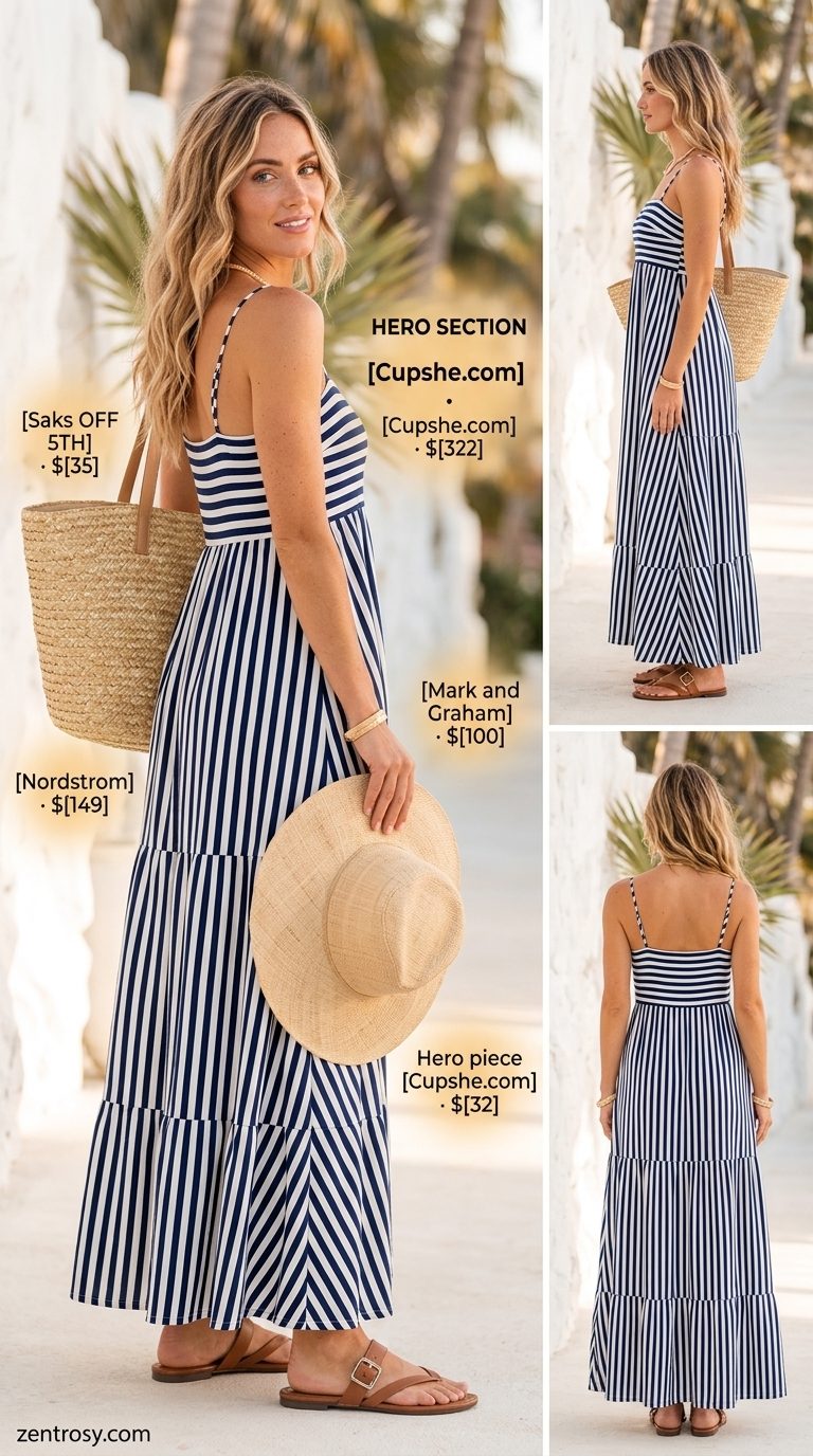 Summer cropped tops outfit for women 2026: Blue & white striped maxi dress, straw hat, sandals & tote for beach day.