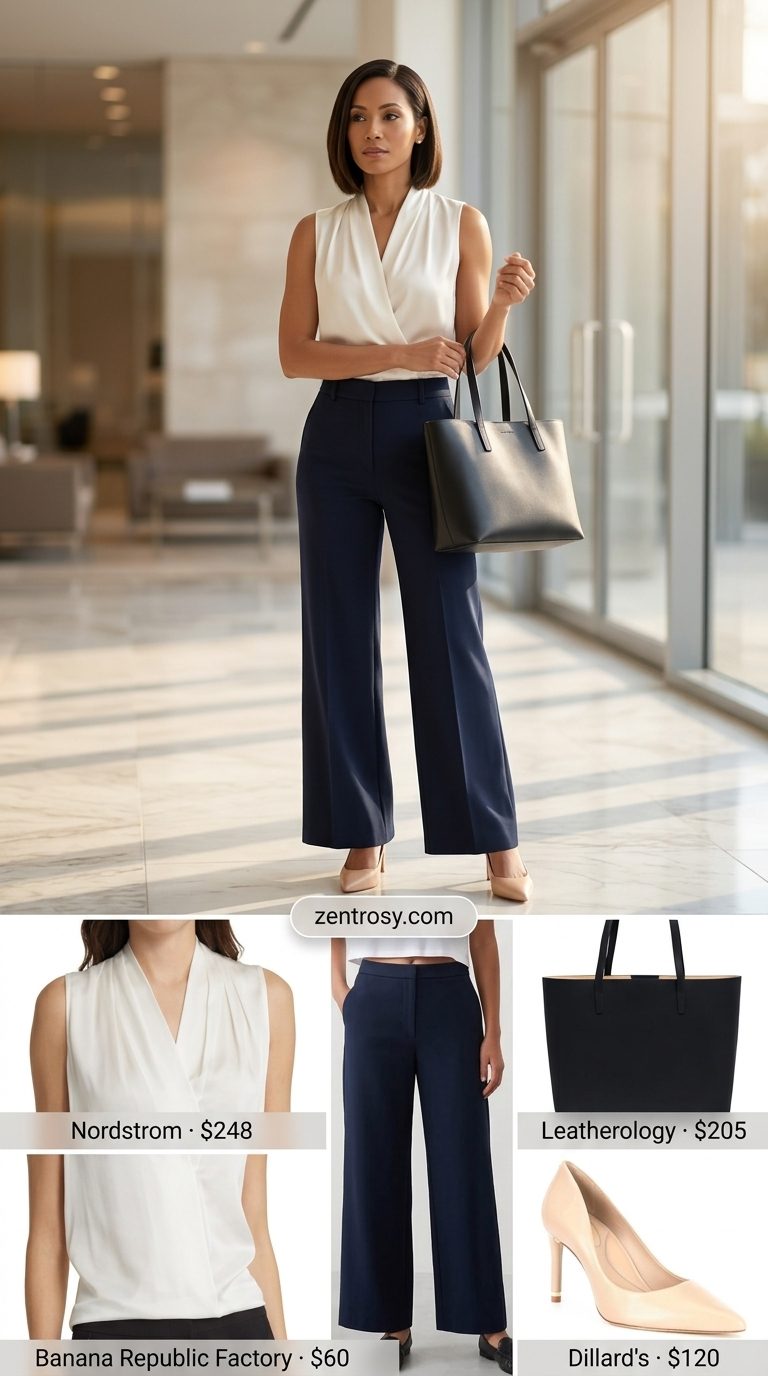 Summer cropped tops outfit for women 2026: White silk blouse, navy wide-leg pants, structured tote & pumps for work.