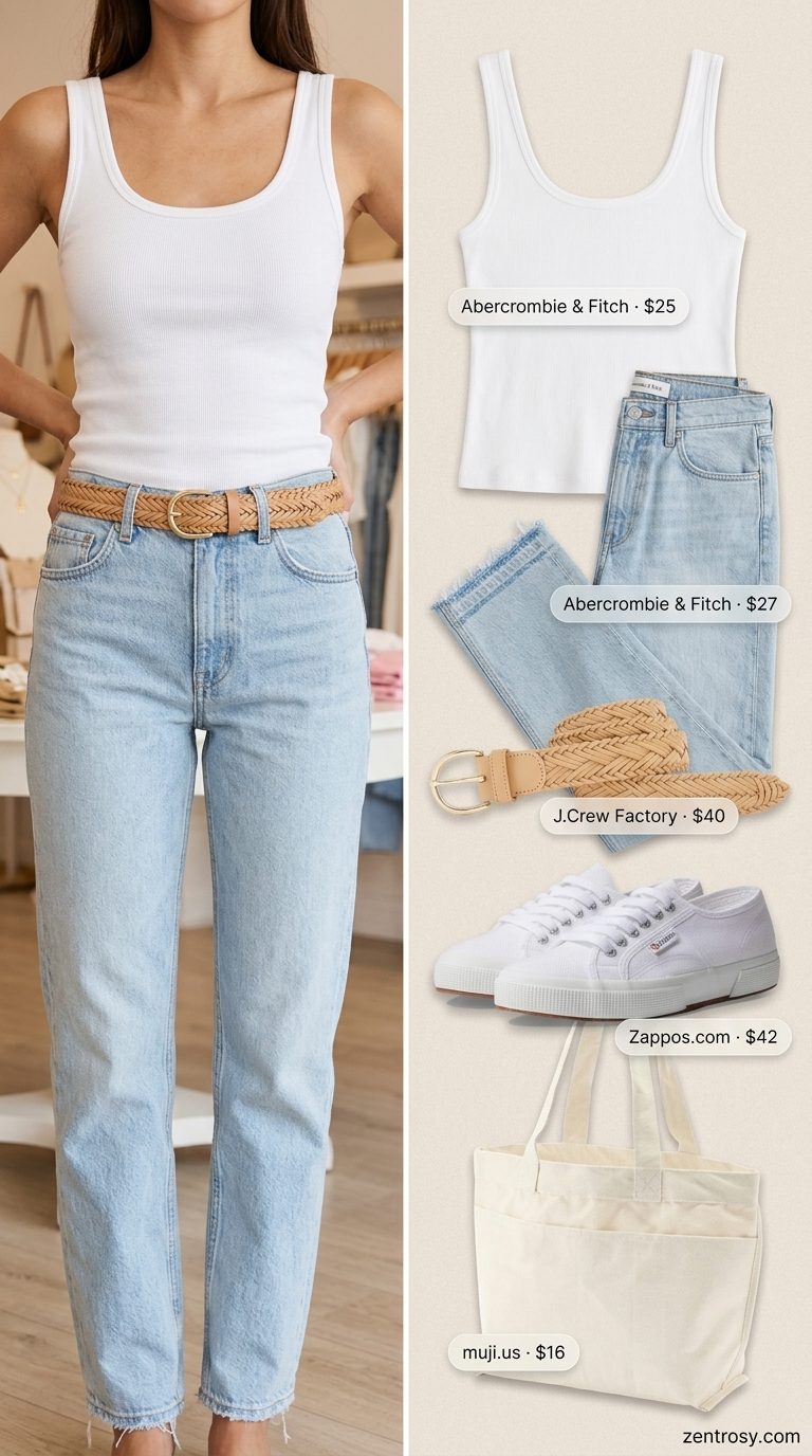 Summer cropped tops outfit for women 2026: White tank, light wash jeans, tan belt, canvas tote & sneakers for a casual day out.