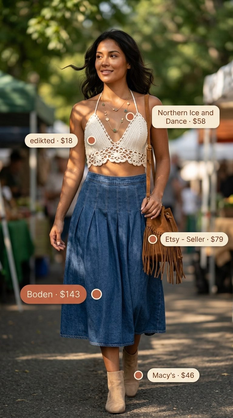 Boho Chic: Indigo denim skirt, crochet top, suede boots, and layered necklaces. Summer Denim skirt 2026.