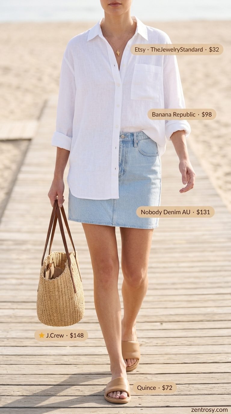 Relaxed coastal outfit with a light wash denim skirt, oversized linen shirt, and straw tote. Summer Denim skirt 2026 vibes.