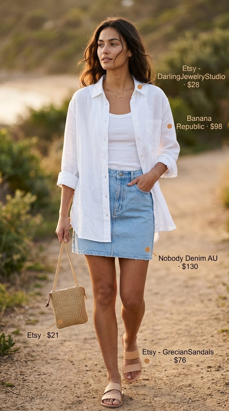 Coastal Breeze Denim: White linen shirt, denim skirt, straw bag for beach day. Summer Denim skirt 2026.