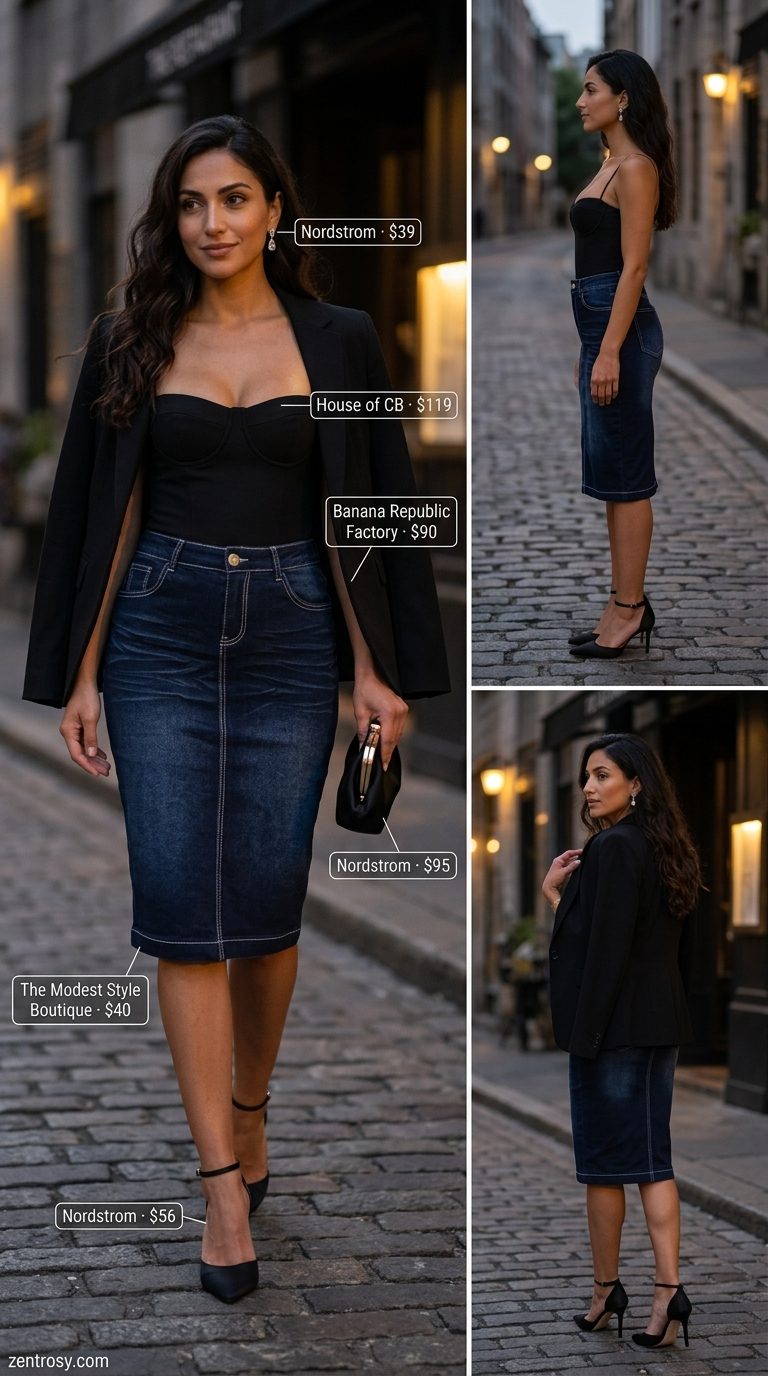 Evening Edge: Black corset top, denim skirt, blazer, and stiletto heels for a cocktail party. Summer Denim skirt 2026.