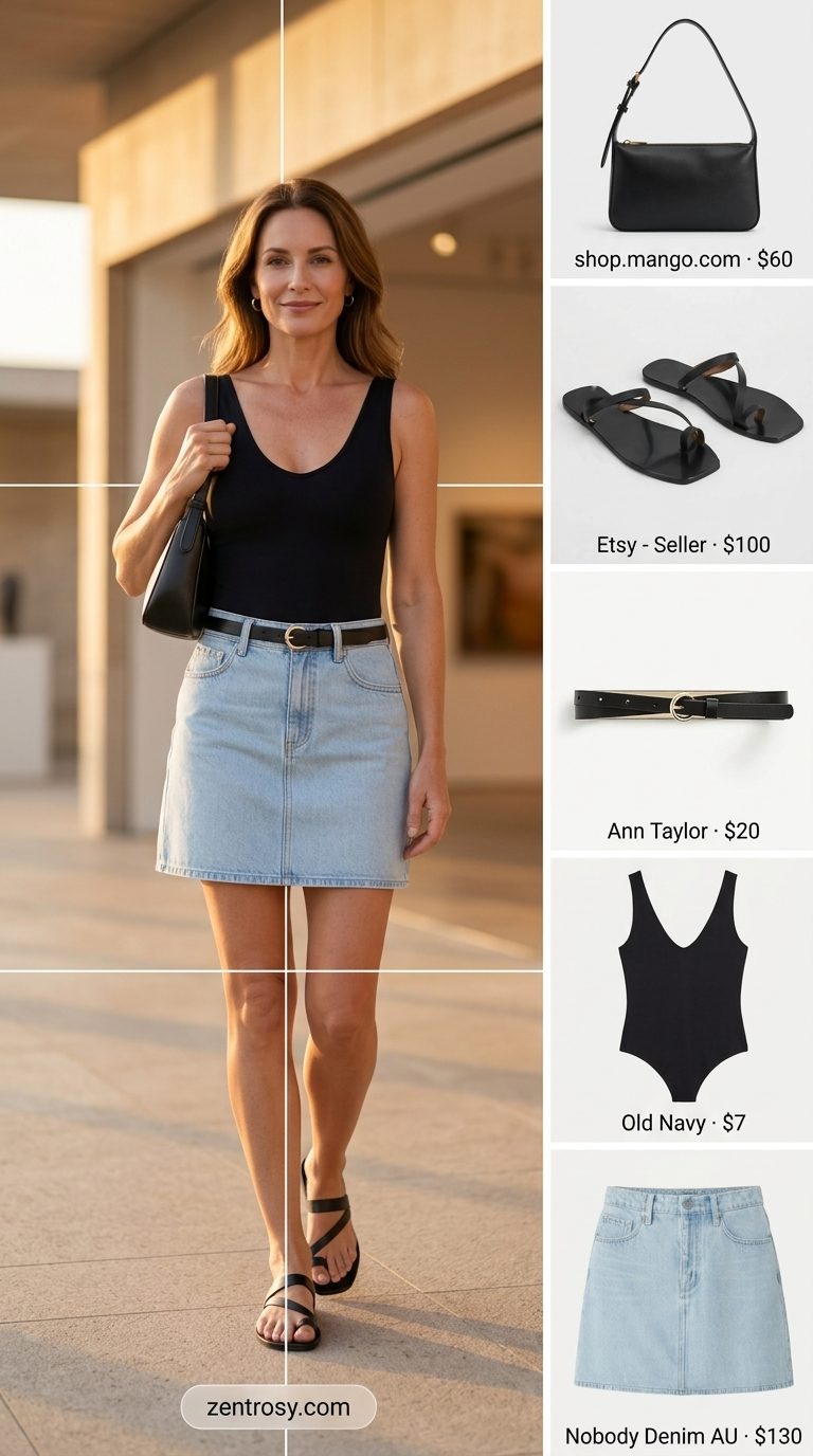 Modern Minimalist: White denim skirt, black bodysuit, leather belt, and sandals for a chic look. Summer Denim skirt 2026.