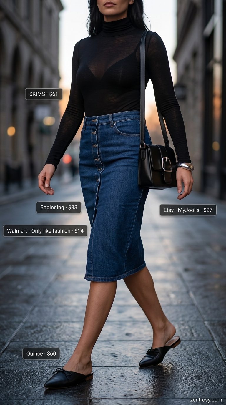 Modern Minimalist: Dark denim skirt, black bodysuit, and leather mules for an evening out. Summer Denim skirt 2026.