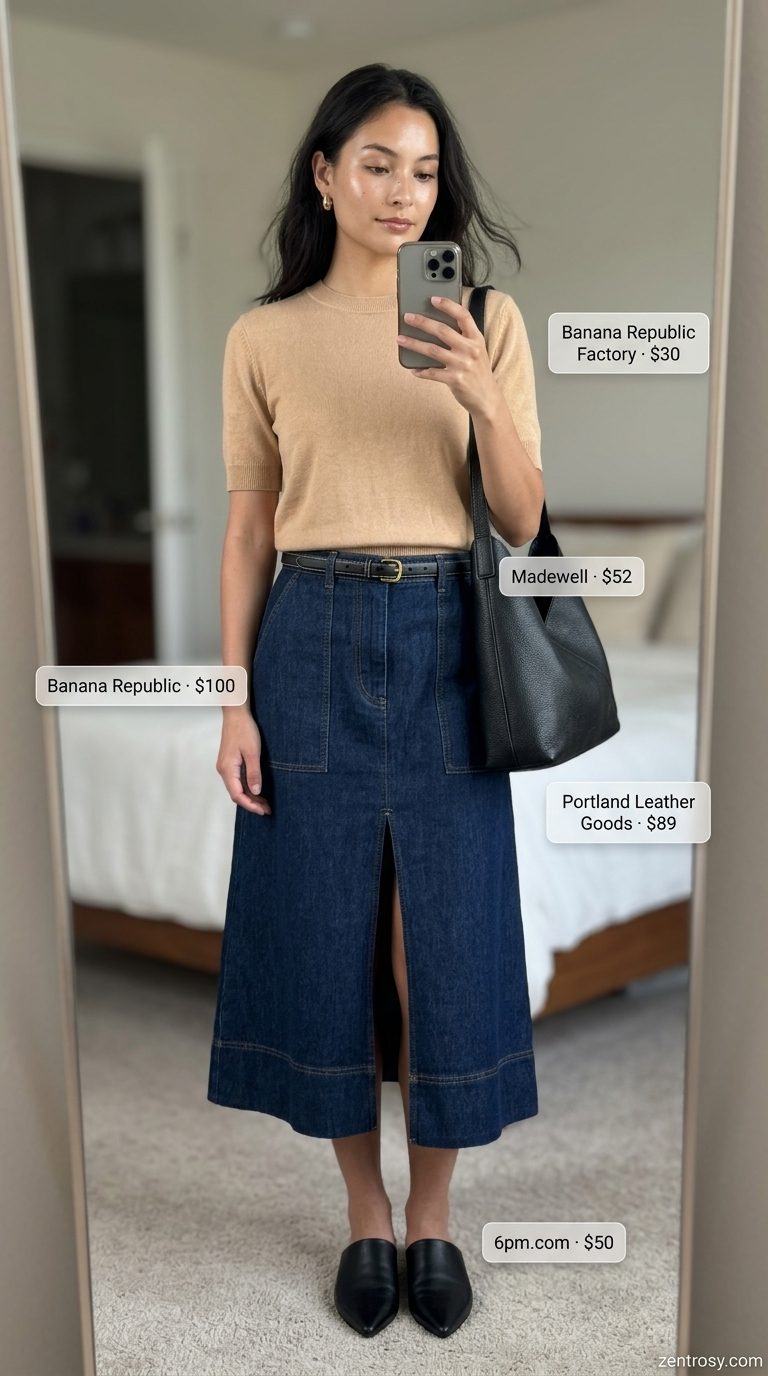 Polished midi denim skirt outfit for smart casual office with a knit top and mules. Summer Denim skirt 2026 style.