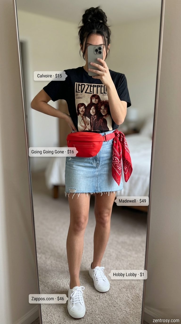 Playful picnic outfit with a light wash denim mini skirt, graphic tee, and red bandana. Summer Denim skirt 2026 style.