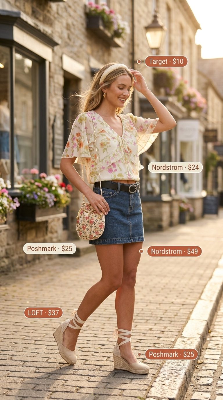 Picnic Perfect: Light denim skirt, floral chiffon blouse, espadrilles, and woven bag. Summer Denim skirt 2026.