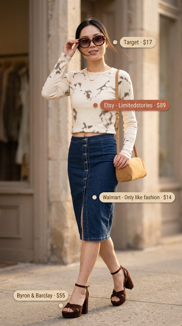 Retro Cool: Denim skirt, abstract print top, platform sandals, and sunglasses. Summer Denim skirt 2026.