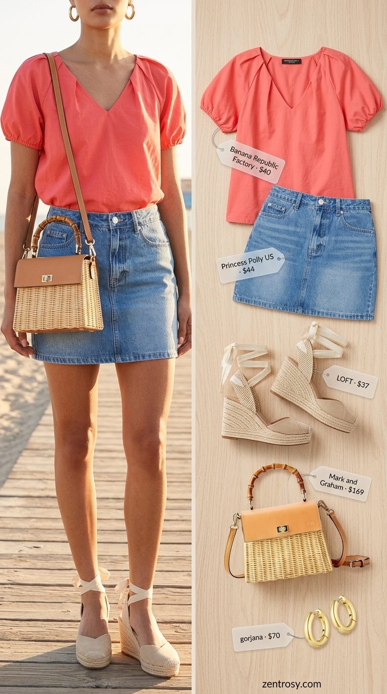 Cheerful summer mini skirt outfit with coral blouse, espadrilles, and straw bag. Summer Denim skirt 2026 bright style.