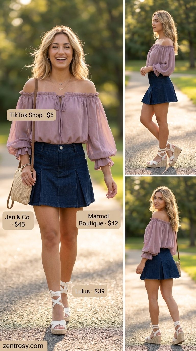 Summer Romance: Light denim skirt, floral peasant blouse, and espadrilles for a date. Summer Denim skirt 2026.