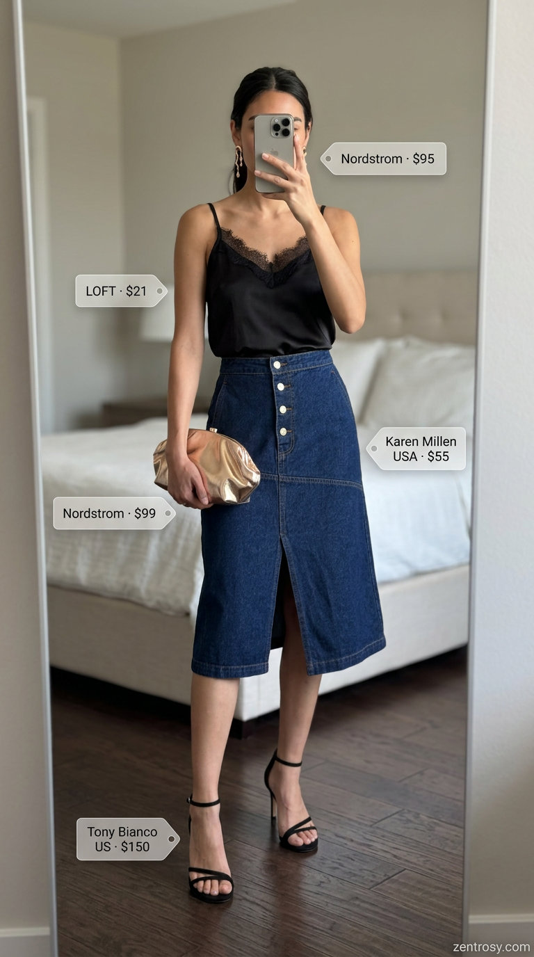 Elegant date night outfit with a denim skirt, lace camisole, and strappy heels. Summer Denim skirt 2026 evening style.