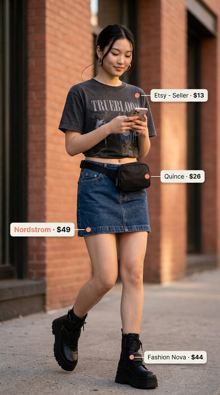 Edgy urban outfit with a dark wash denim skirt, graphic tee, and combat boots. Summer Denim skirt 2026 street style.
