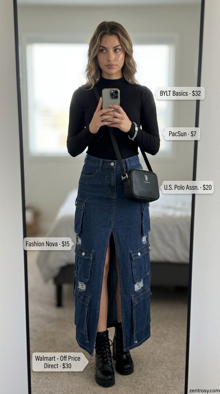Tough utility denim skirt outfit with cargo pockets, combat boots, and mock neck top. Summer Denim skirt 2026 edgy style.