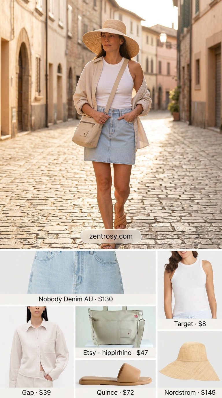 Summer vacation outfit with a light wash denim skirt, linen shirt, and straw hat for sightseeing. Summer Denim skirt 2026 travel.