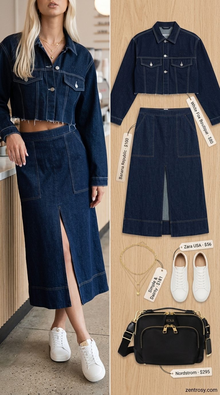 Chic coordinated denim set with a midi skirt and cropped jacket for weekend brunch. Summer Denim skirt 2026 outfit.