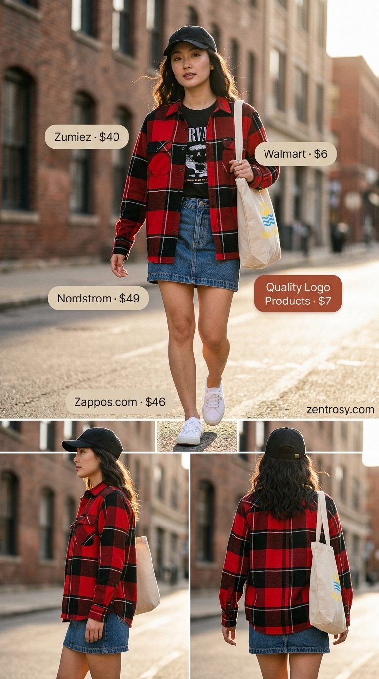 Weekend Wanderer: Denim skirt, plaid shirt, graphic tee, and cap for casual fun. Summer Denim skirt 2026.