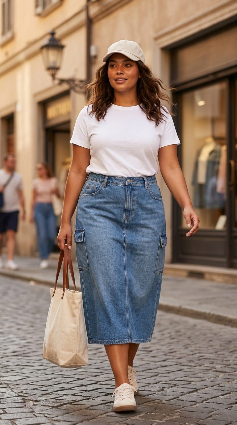 Practical cargo denim skirt outfit for weekend errands with sneakers and a baseball cap. Summer Denim skirt 2026 casual.