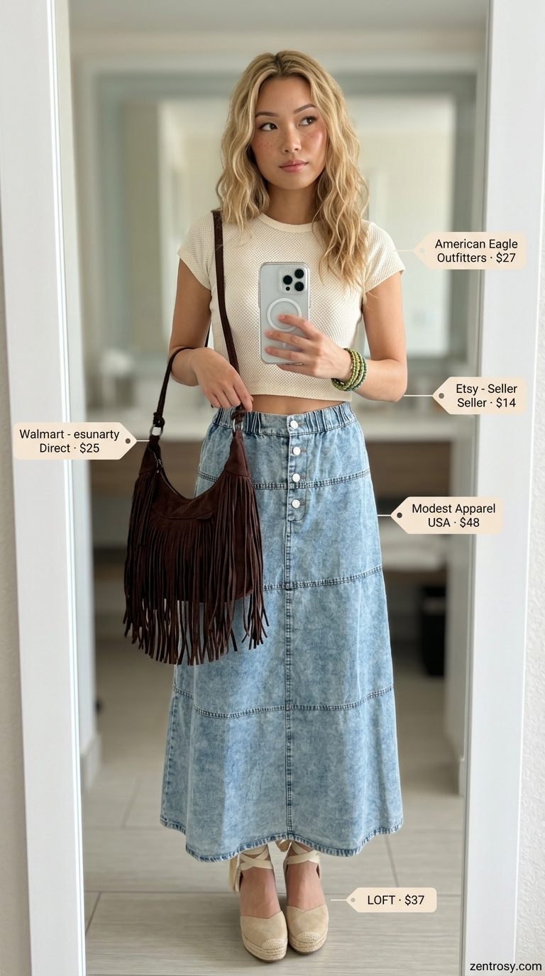 Boho Chic maxi outfit with light wash denim skirt, cream crochet top, and espadrilles for summer festivals 2026.