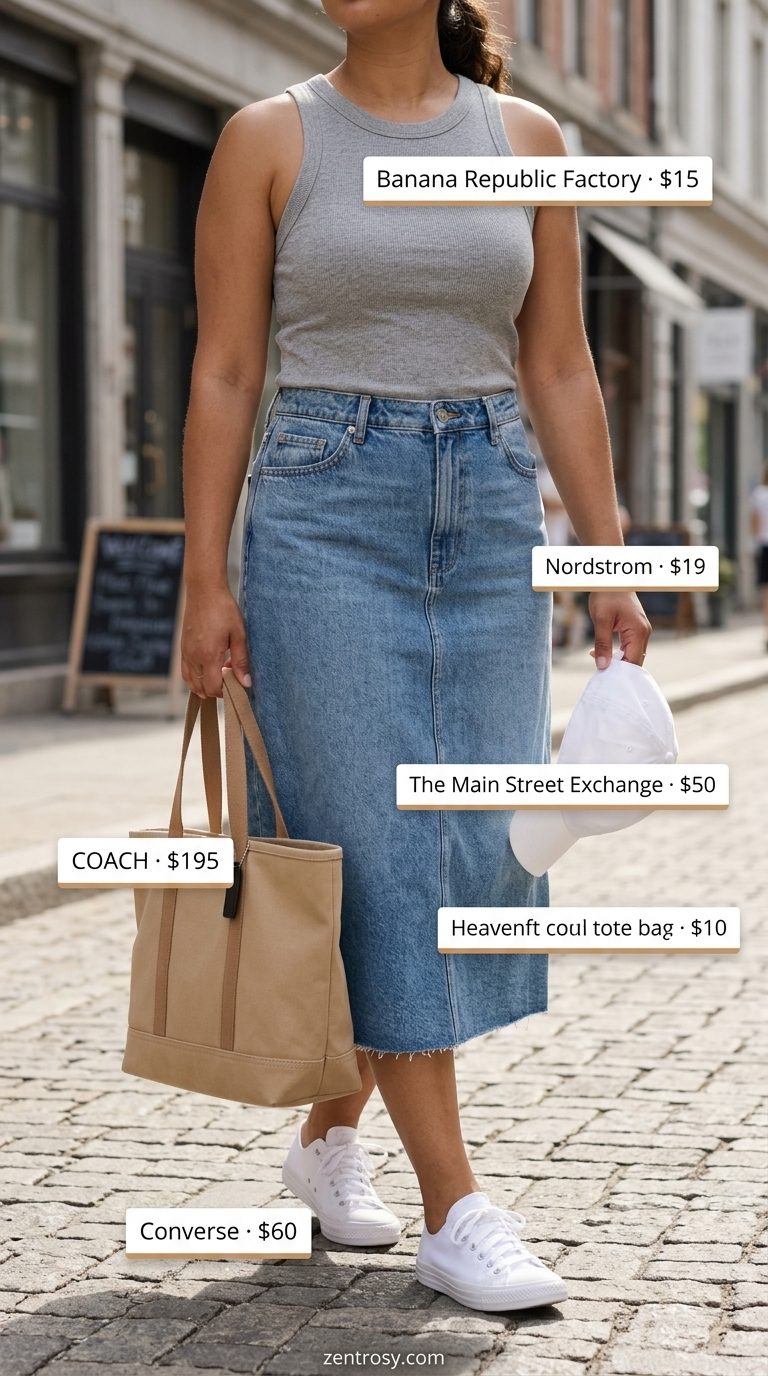 Casual Cool outfit with mid-wash denim skirt, ribbed tank, and baseball cap for everyday errands 2026.