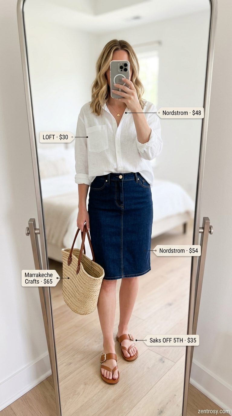 Coastal Breeze outfit with medium wash A-line denim skirt, white linen shirt, and straw tote for beach days 2026.