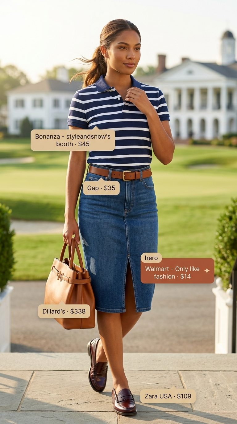 Preppy Summer Day outfit with navy denim skirt, polo shirt, and penny loafers for country clubs 2026.