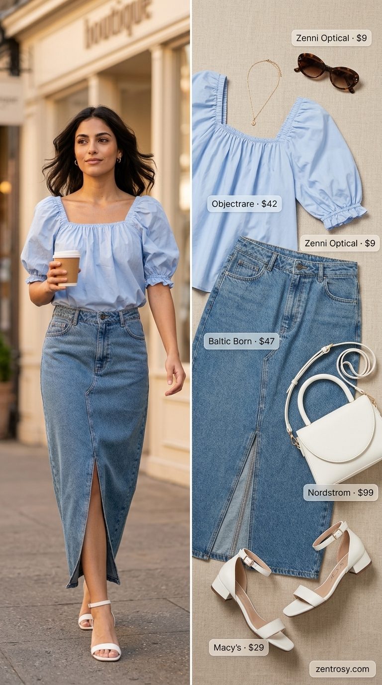 Retro Vibes outfit with medium wash denim midi skirt, puff-sleeve blouse, and block heel sandals for garden parties 2026.