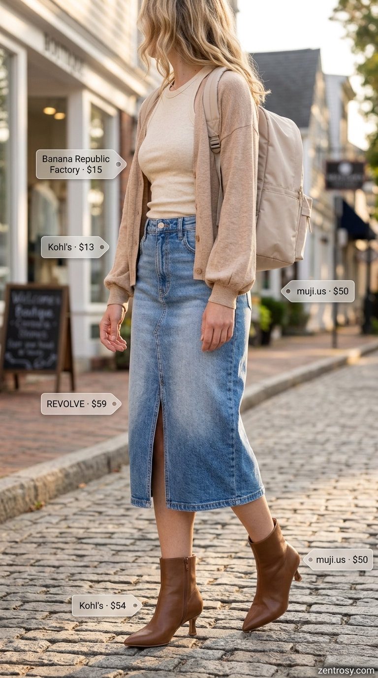 Weekend Getaway outfit with light wash denim skirt, ribbed knit tank, and canvas backpack for travel 2026.