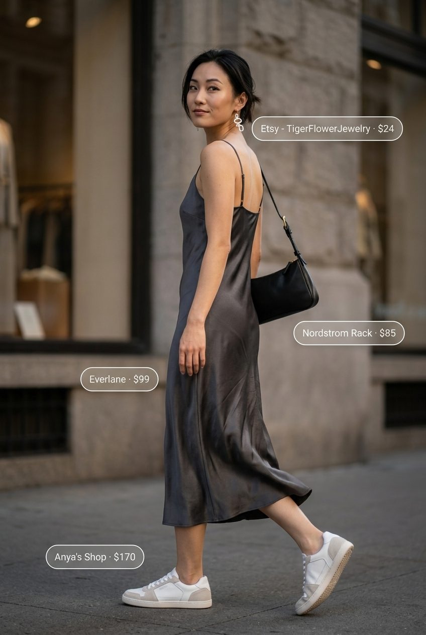 Minimalist Summer Dress and Sneakers Outfits 2026 Charcoal grey slip dress, black bag, and silver earrings with sneakers for minimalist outfits 2026.